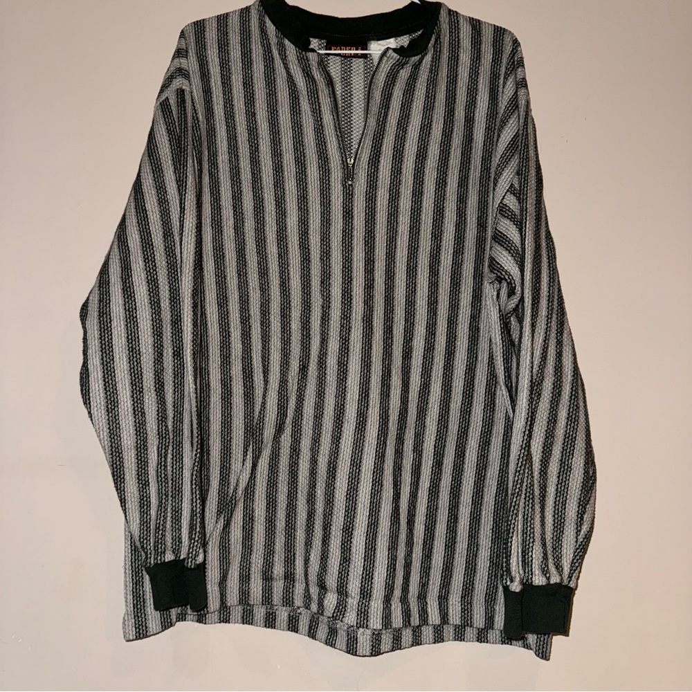 Faded Glory Green and Cream Striped Quarter-Zip Knit Pullover